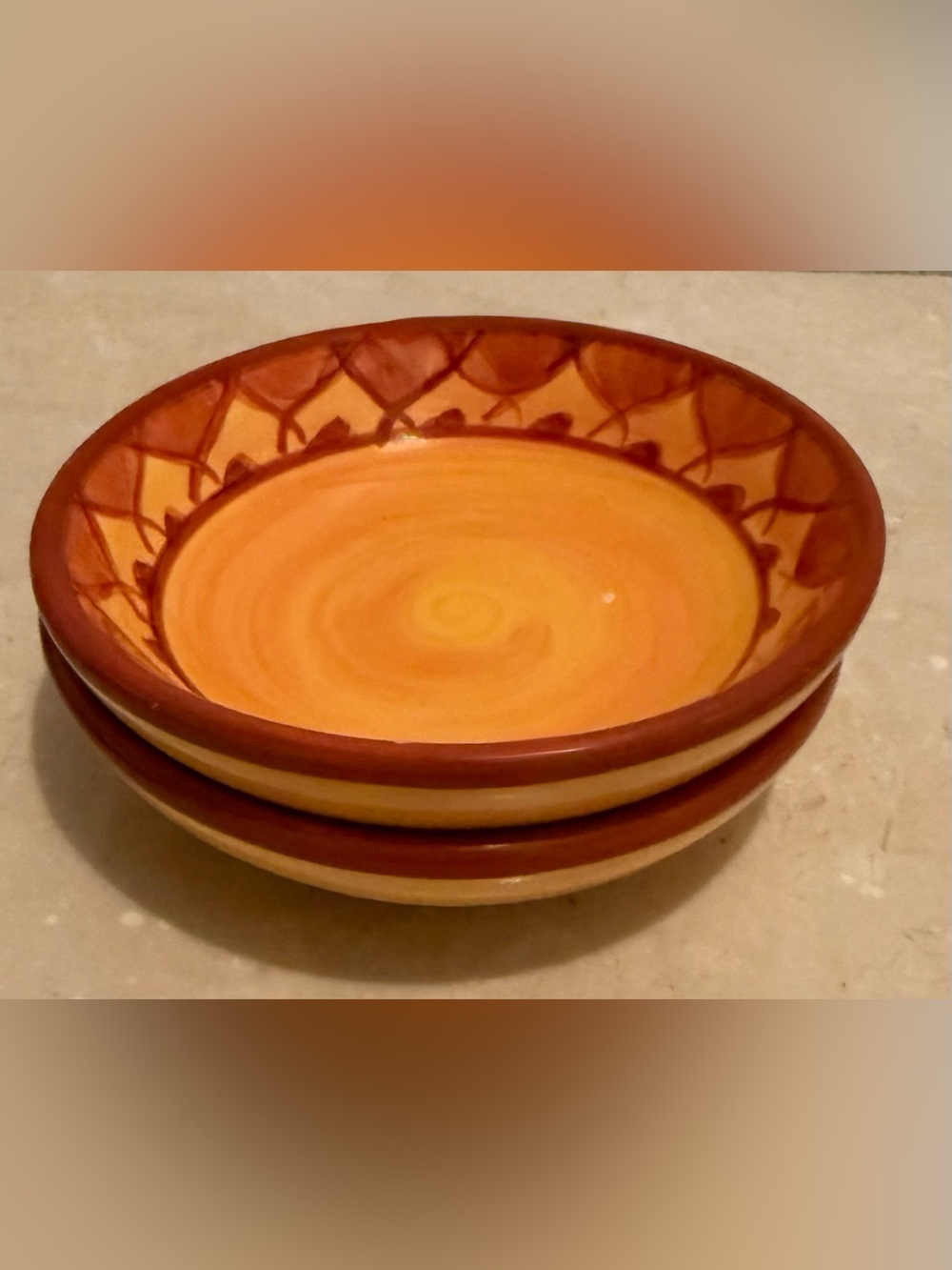 2 Karistan individual dip dish, hand-painted earthenware 4”